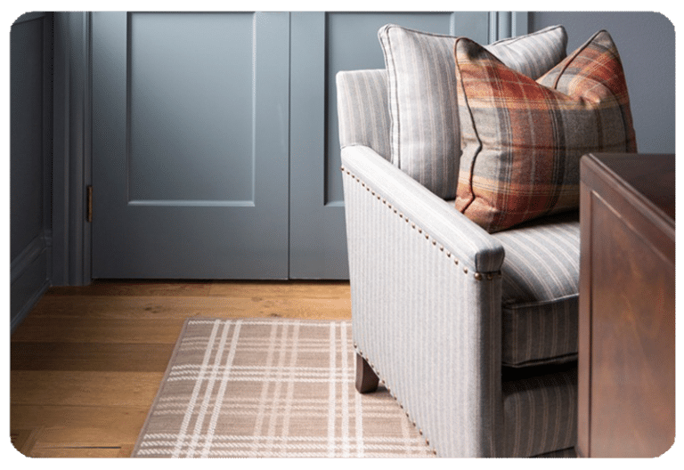 plaid beige and white custom area rug for a home office