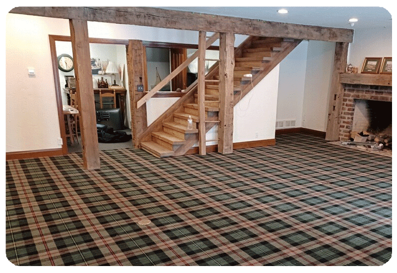Plaid patterned carpet in a Milwaukee lower-level family room