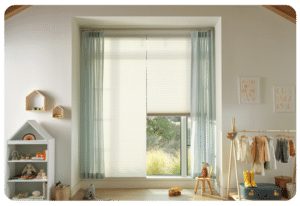hunter douglas window covering with honeycomb shades and green curtains