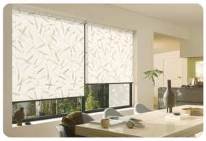 hunter douglas roller shades window coverings with leafy print pattern