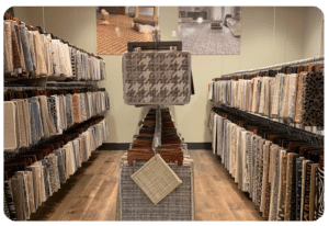 designer carpet samples hanging on clothes hangers in a design studio FLOOR360 Milwaukee