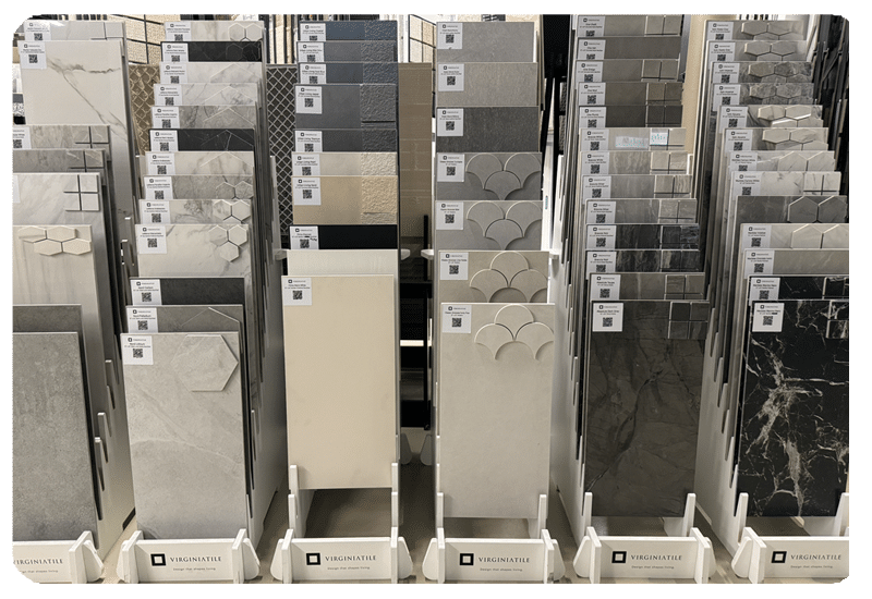 Porcelain and stone-look tile samples at the FLOOR360 Silver Spring Drive showroom in Milwaukee